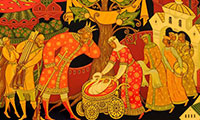 Natalya Kozlova. "Russian folk tales" Series of varnish panels, Palekh. "Birth (Sea King and Vasilisa the Wise)". 2008 - 2011